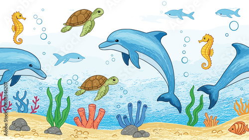 Vibrant underwater world illustration with dolphins, sea turtles, seahorses, and fish near a colorful coral reef.