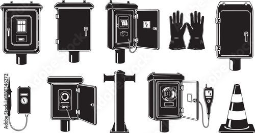 Collection of electrical and utility equipment illustrations set