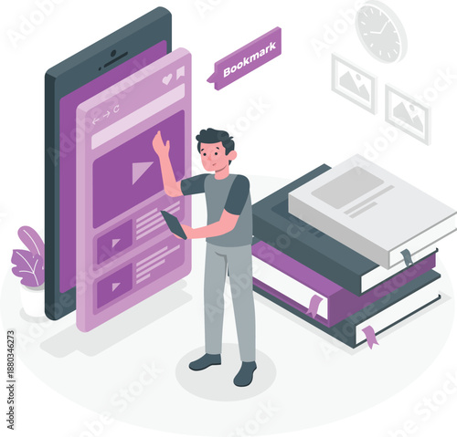 Man interacting with large digital tablet and stack of books in a learning environment from a slight overhead viewpoint