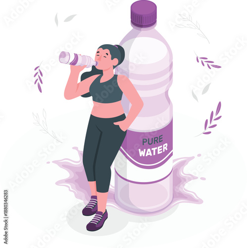 Woman Drinking Water from Bottle, Illustration, Fitness, Hydration, and Refreshment Scene
