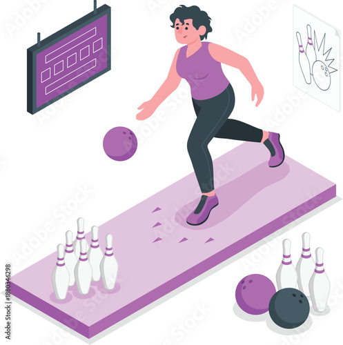 Woman bowling alone on a purple lane, focusing on her throw, illustrated in a modern isometry style