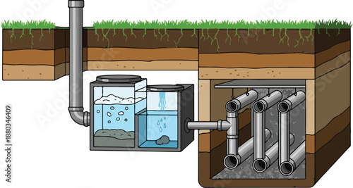 Diagram illustrating an underground septic system with a sewage treatment tank and filtration pipes for wastewater processing
