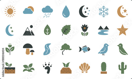 Print Flat Nature and Wildlife Icon Set with Weather Elements Plants and Outdoor Symbols in Earthy Tones