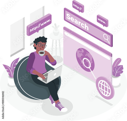 Person sitting on bean bag chair using laptop and sipping coffee near large web search interface