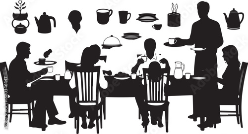 Silhouette of family having dinner together at restaurant table