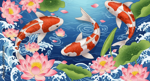 Beautiful koi fish swimming among lush water lilies and blooming flowers in a tranquil pond scene