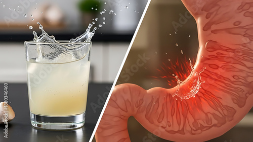 A dynamic split image showing a glass of light-colored liquid with splashes and a detailed 3D rendering of a human stomach with irritation
