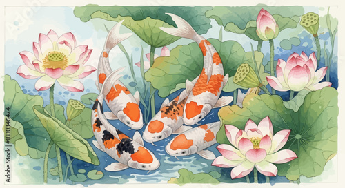 Colorful koi fish swimming among blooming lotus flowers in a tranquil pond scene