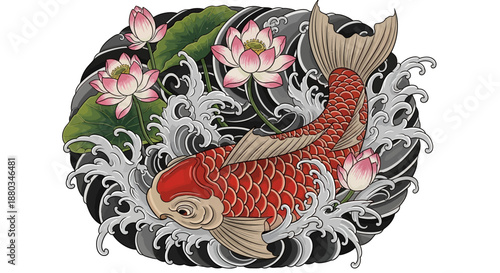 Elegant koi fish swimming among lotus flowers with water splashes and dark background