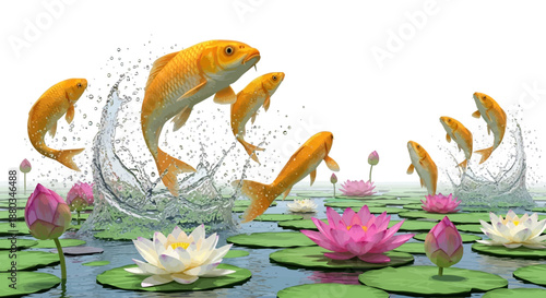 Colorful koi fish jumping in pond with blooming water lilies and splashes of water