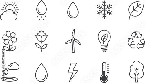 Print  Minimalist Ecology and Renewable Energy Line Icon Set with Sustainability and Climate Symbols