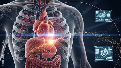 A detailed 3D rendering of the human body's internal organs highlighting the heart and liver with an energetic glow, medical concept