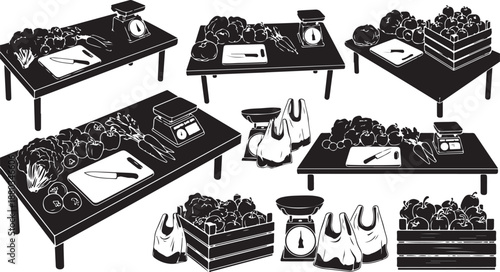 Black and white illustration of various shoe displays arranged