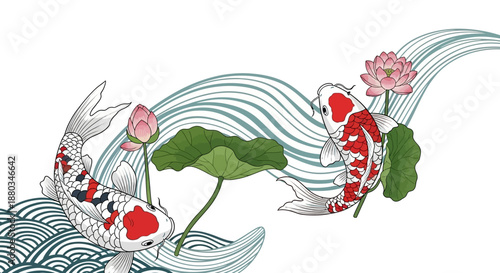 Traditional Japanese Koi Fish Pond Scene with Lotus Flowers and Flowing Water