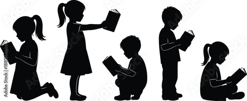 Black silhouettes collection of vintage street lamps, open books, walking students with backpacks, and children reading isolated on white background.