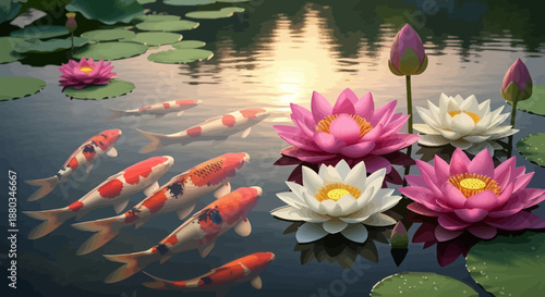 Beautiful koi fish swimming among vibrant pink and white water lilies in a tranquil pond