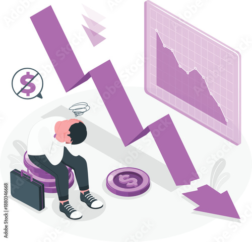 A businessman sits dejected surrounded by falling financial graphs and currency symbols indicating economic downturn