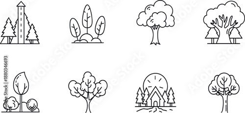 Print  Minimalist Forest and Nature Line Icon Set Featuring Diverse Tree Species Lighthouse and Cabin Scenes