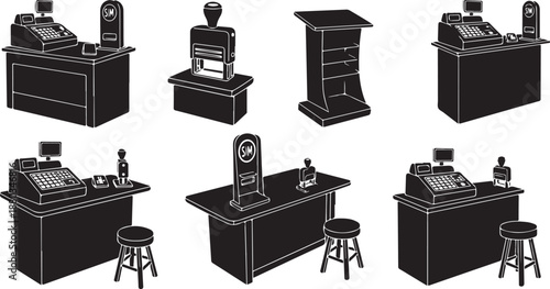 Various cash registers and counters in a store setting