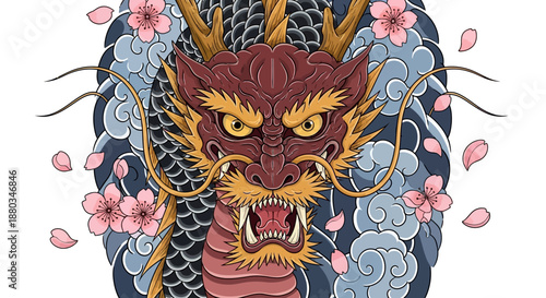 Intricate Japanese Style Dragon and Tiger Hybrid Artwork Featuring Cherry Blossom Petals