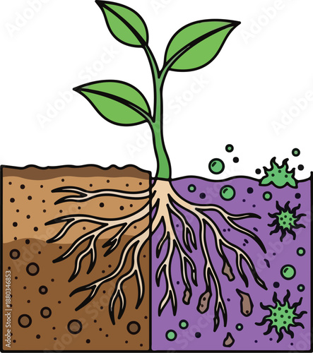 Plant Root System Thriving in Healthy Soil Versus Struggling in Contaminated Environment – A Visual Concept of Ecosystem Balance and Well-being