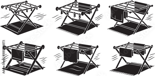 Clothes drying rack in various positions and uses shown