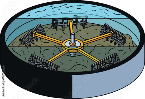 Detailed illustration of an industrial clarifier featuring a rotating sludge scraper mechanism for efficient wastewater and fluid treatment processes