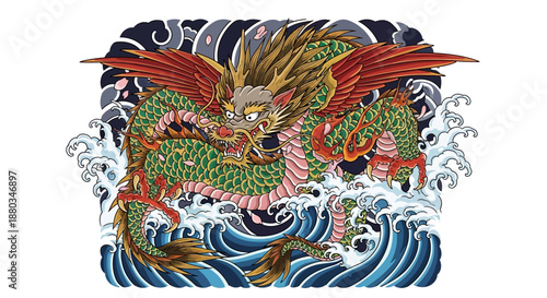 Traditional Japanese-style dragon drawing with detailed scales and fierce expression in a dynamic