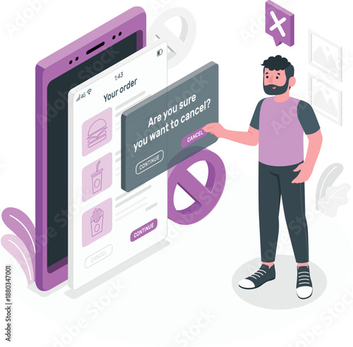 Man interacting with digital device and confirmation dialog box on screen in modern technology environment