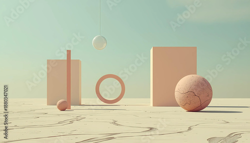 Modern abstract geometric shapes in desert landscape with spheres