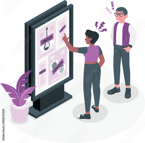 Two individuals interacting with a large digital screen displaying various graphics and text in a modern setting