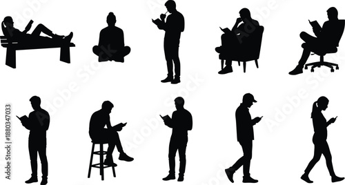 Black silhouettes collection of vintage street lamps, open books, walking students with backpacks, and people reading isolated on white background.