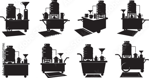 Industrial machinery silhouettes in various configurations and settings shown