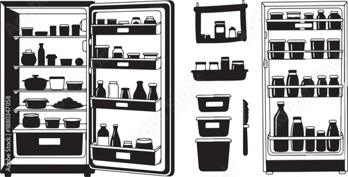 Black and white illustration of refrigerator and kitchen items