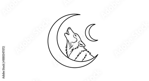 Minimalist Line Art Illustration of a Howling Wolf Between Crescent Moons