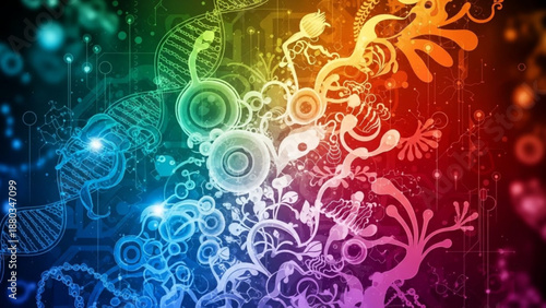 Vibrant molecular structure illustration with dna and microorganisms
