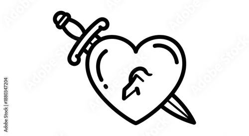Minimalist Line Drawing of a Heart with a Sword through It Symbolizing Love and Pain
