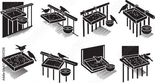 Black and white illustration of birdcages and accessories