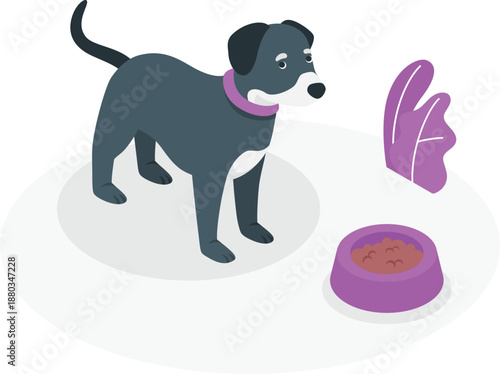 A dog standing next to a bowl of food and a glove