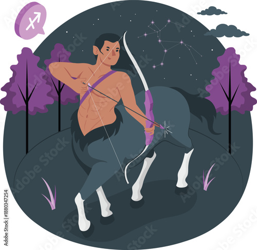 A centaur archer depicted in a mystical forest under a starry night sky with purple foliage and a crescent moon shining brightly