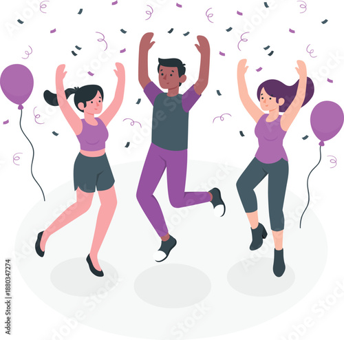 Three friends celebrating joyfully together with confetti and balloons in a lively scene.