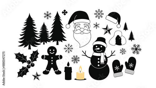 Comprehensive collection of Christmas-themed silhouettes includes Santa Claus, a snowman, trees, snowflakes, and festive holiday elements.