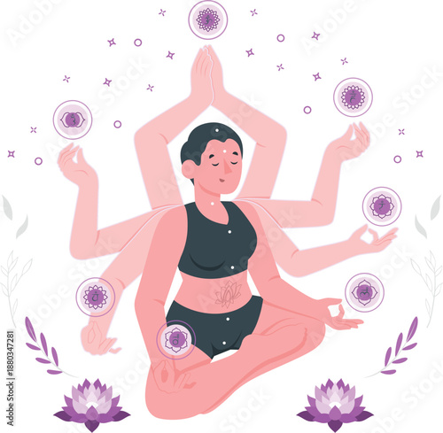 Illustration of a serene multi-armed person meditating surrounded by spiritual symbols and lotus flowers in a peaceful environment