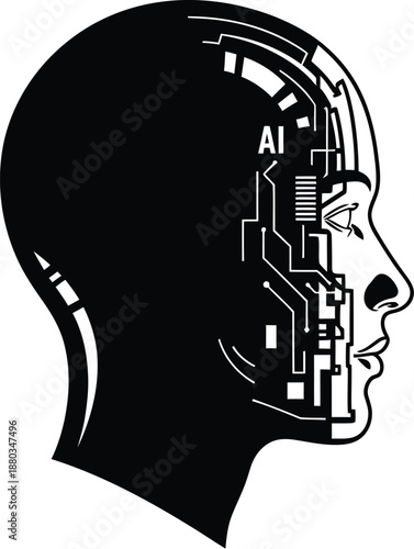 Black and white graphic illustration depicting the profile view of a human head revealing internal artificial intelligence circuitry and complex digital technology integration within the mind.