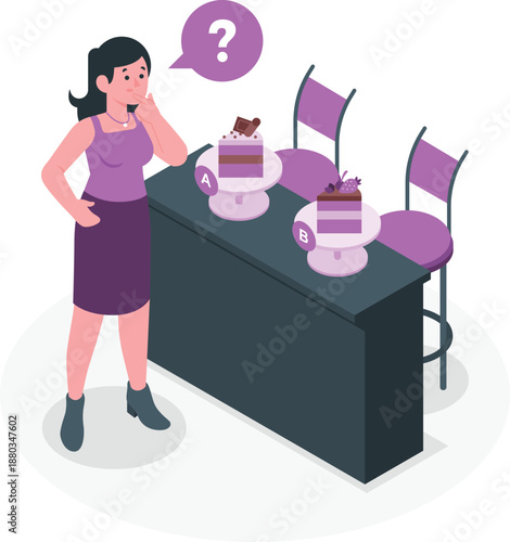 A woman stands puzzled beside a table with cakes, chairs, and a questioning thought bubble above her head, in a simple, illustrative style.