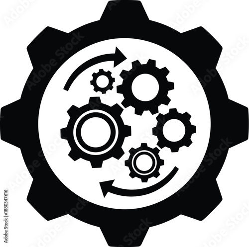 Black and white vector icon design representing complex mechanical process or workflow management utilizing interconnected gears in a continuous cyclical motion graphic element.
