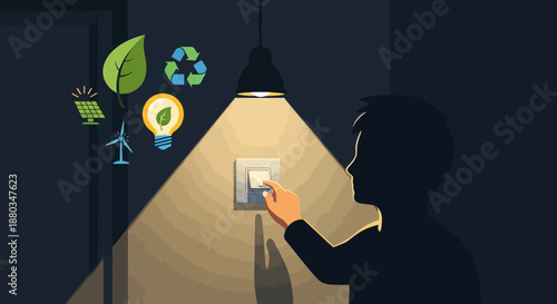 Illustration of a person switching on a light to promote energy saving and environmental awareness