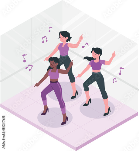 Three women dancing together in a studio, enjoying music and each other's company, illustration