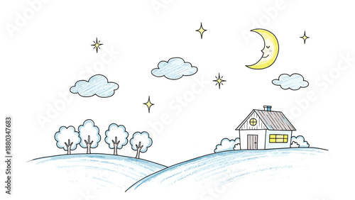 Whimsical color illustration depicts a cozy white house on a blue snow-covered hill under a crescent moon and starry night sky.