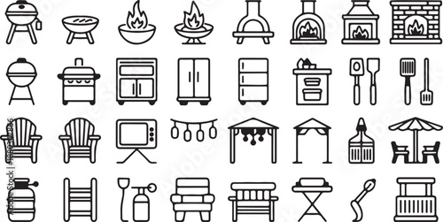 Diverse collection of 30 black and white line art illustrations for outdoor living, featuring grills, patio furniture, and backyard essentials for graphic design projects